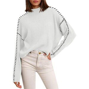 Womens Mock Neck Sweaters Long Sleeve Side Slit Knitted Sweater Chunky Pullover